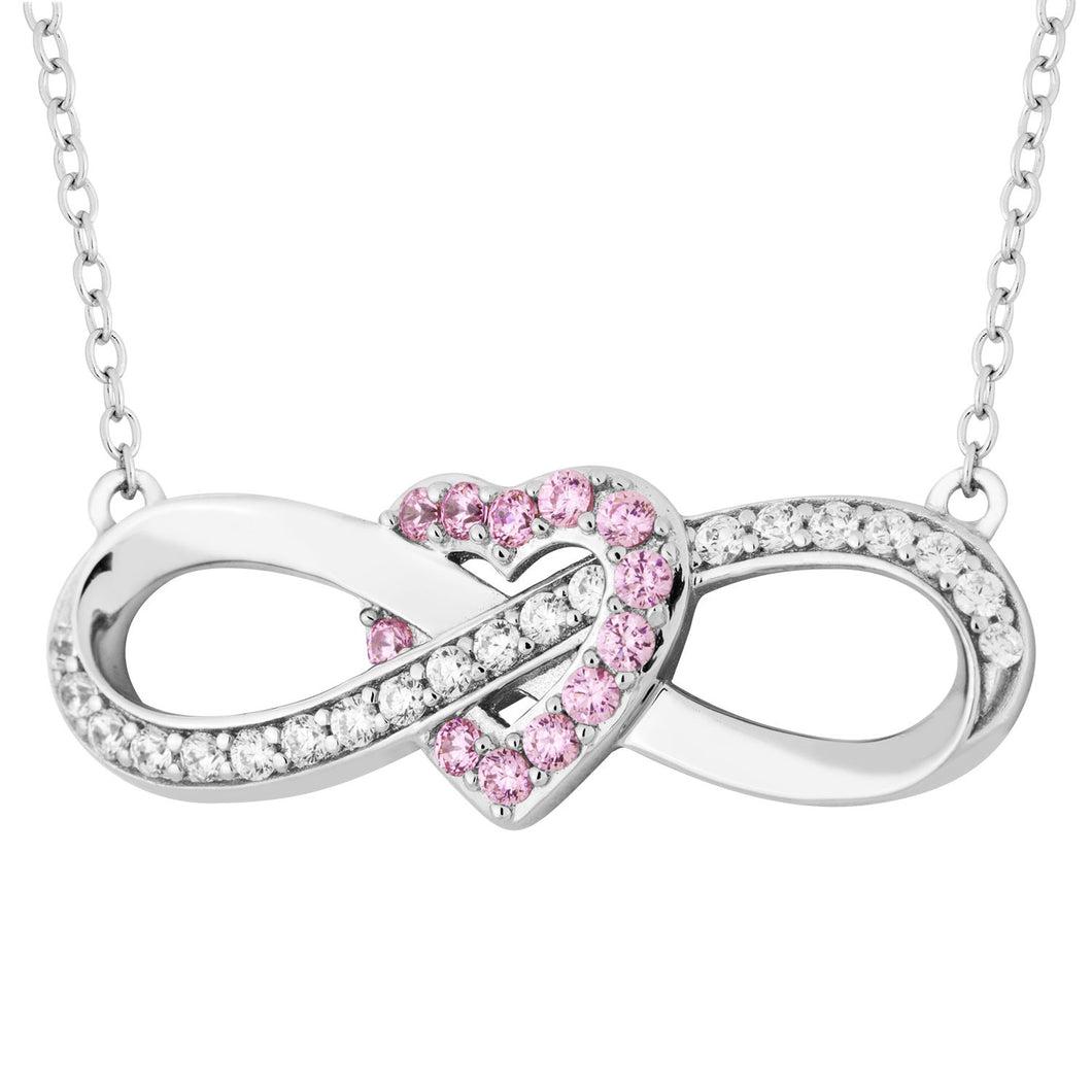 Sterling Silver Necklace with White and Pink CZ Heart and Infinity Symbol