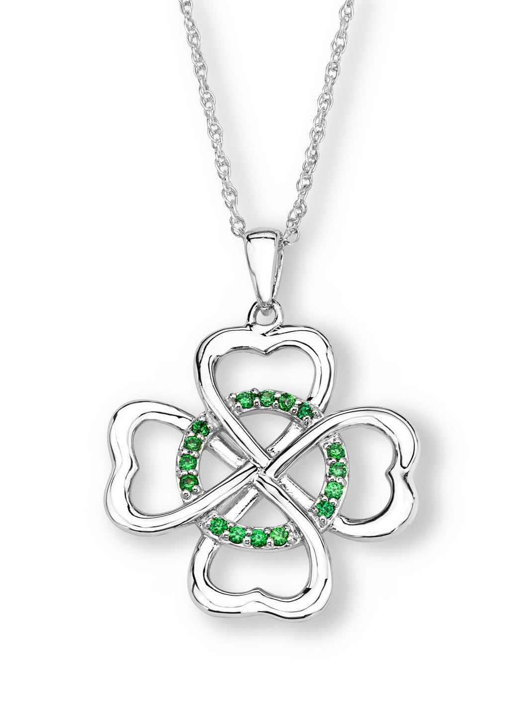 Green CZ Four Leaf Clover Silver Necklace