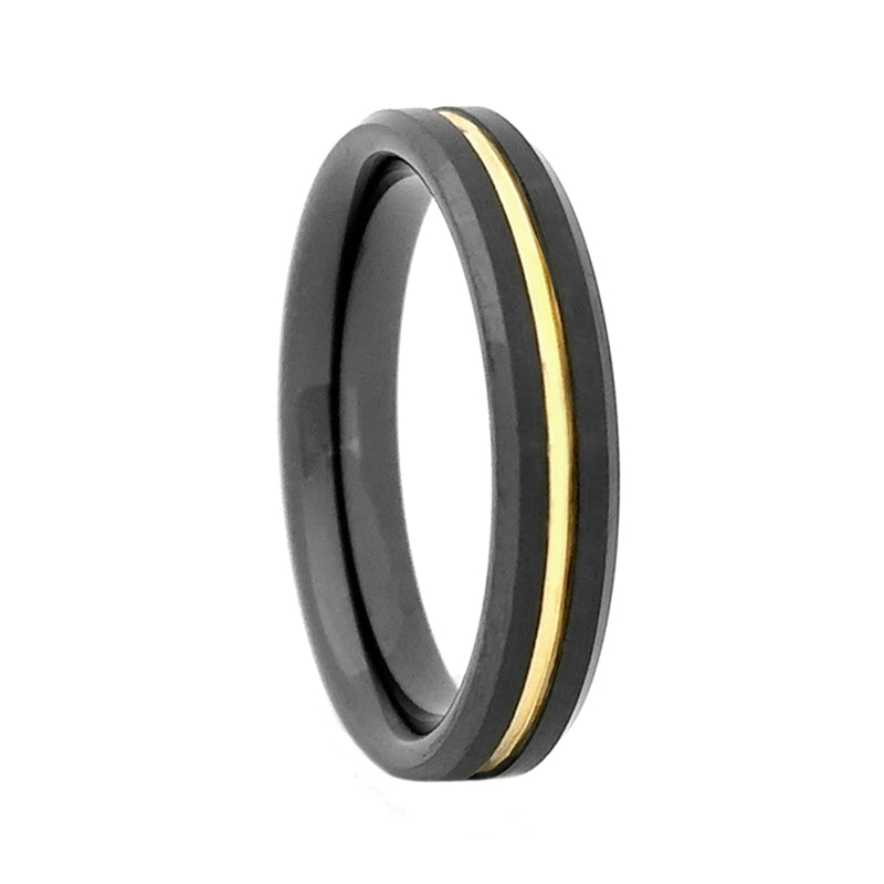 Comfort Fit 4mm Black High-Tech Ceramic Wedding Band with a Gold Color PVD Plated Groove