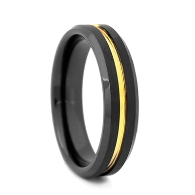Comfort Fit 6mm Black High-Tech Ceramic Wedding Band with a Gold Color PVD Plated Groove