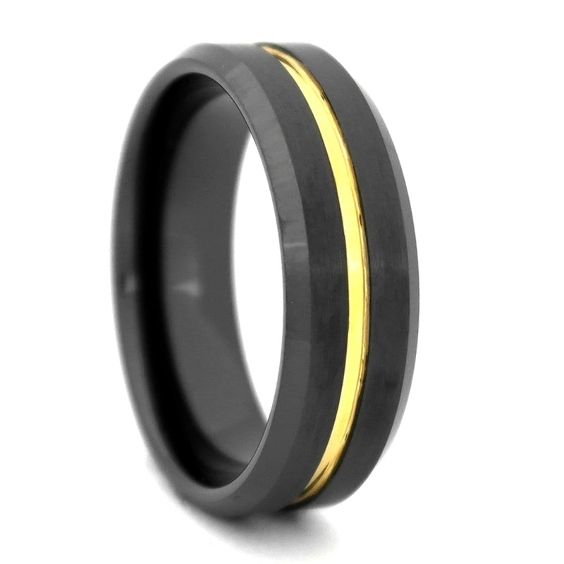 Comfort Fit 8mm Black High-Tech Ceramic Wedding Band with a Gold Color PVD Plated Groove