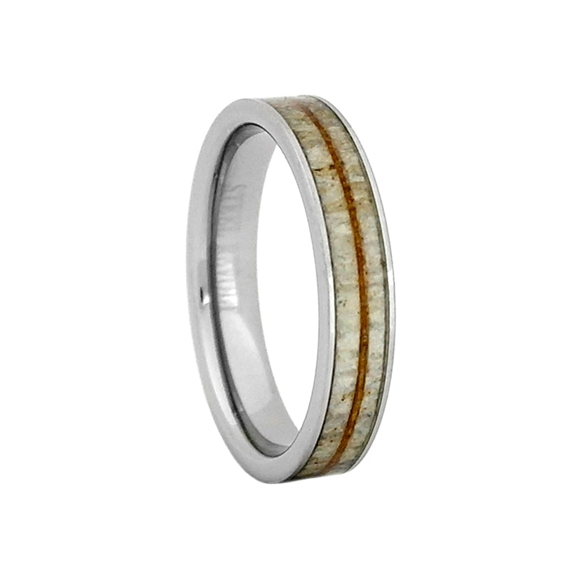 Comfort Fit 4mm Tungsten Carbide Wedding Ring With Antler and Koa Wood Inlay