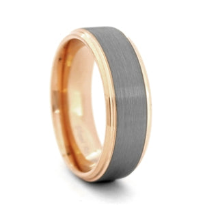 Comfort Fit 8mm Brushed Finish Tungsten Carbide Wedding Band with Rose Gold Color PVD Plated Sides and Interior