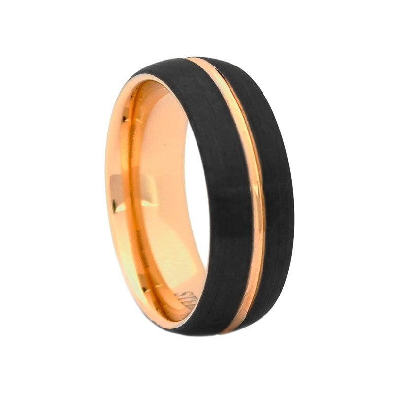Comfort Fit Domed 8mm Black Tungsten Carbide Wedding Band with Rose Gold Color PVD Plated Interior and Center Groove