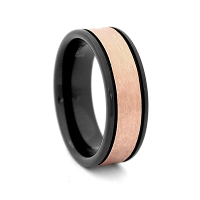 Comfort Fit 8mm Black Tungsten Carbide Wedding Band with Two Grooves and Rose Gold Color PVD Plated Hammered Look Center