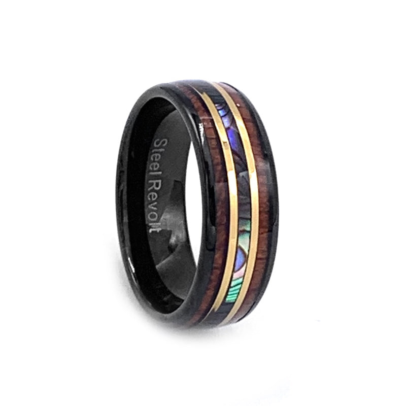 Comfort Fit 8mm Black High-Tech Ceramic Wedding Ring With a Koa Wood, Mother of Pearl, and Gold Color Lines