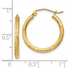 Load image into Gallery viewer, 14ky Satin and diamond-cut 2mm round hoops