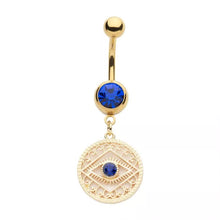 Load image into Gallery viewer, Gold PVD Blue CZ Evil Eye Filigree Dangle Navel