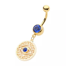 Load image into Gallery viewer, Gold PVD Blue CZ Evil Eye Filigree Dangle Navel