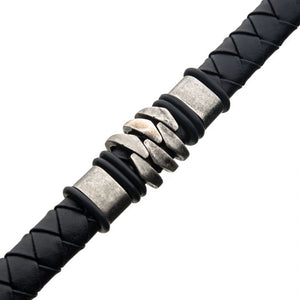 Steel and Gun Metal Black Leather Bohemian Bracelet