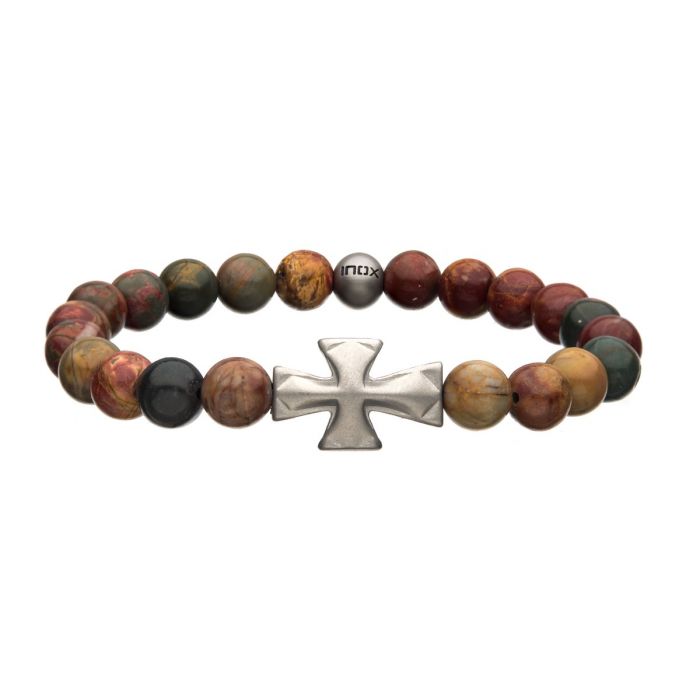 8mm Picasso Jasper Stone with Cross Silicone Bracelet