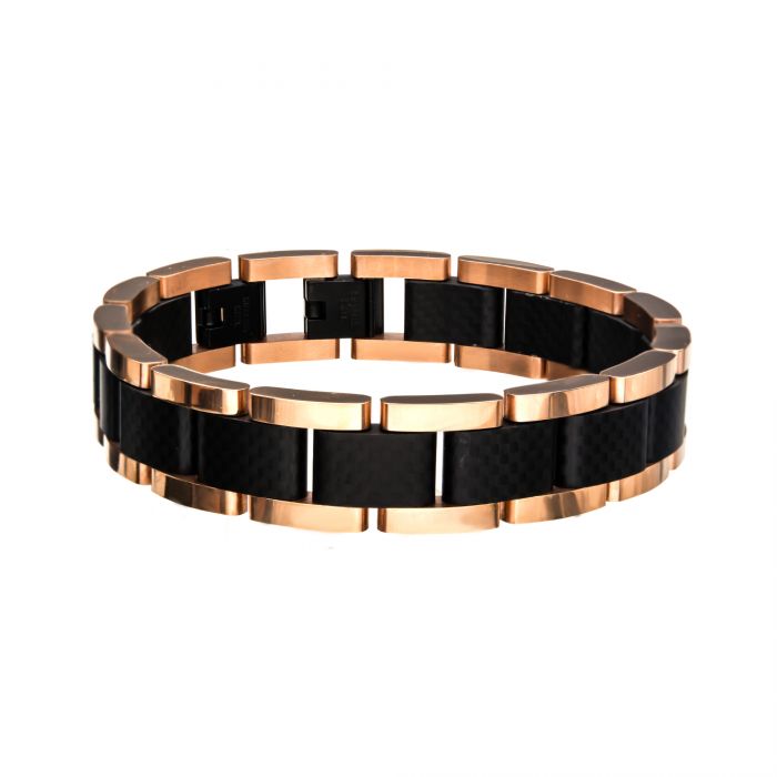 Black and Rose Gold Plated with Carbon Fiber Link Bracelet