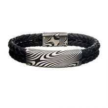 Load image into Gallery viewer, Damascus Steel Black Plated ID with Double Black Leather Bracelet
