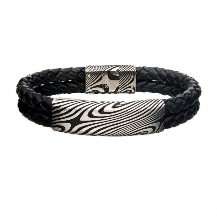 Damascus Steel Black Plated ID with Double Black Leather Bracelet