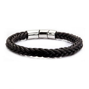 Brown Leather and Stainless Steel Magnetic Clasp Bracelet