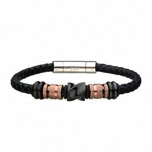 Black Braided Leather with Rose Gold & Black Plated Beads Bracelet