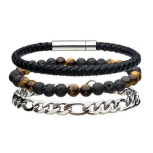 Load image into Gallery viewer, Stainless Steel Black Leather and Chain Bead Multi Set Bracelet