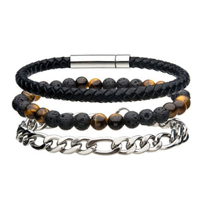 Stainless Steel Black Leather and Chain Bead Multi Set Bracelet