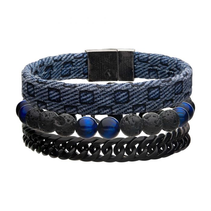Blue Fabric, Stone Beads and Curb Chain Stackable Bracelet