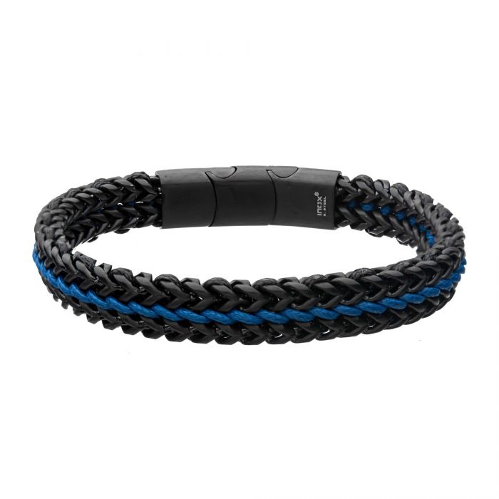 Allegiance Stainless Steel Bracelets with Blue Wax Cord binding 2 Black Antique Brushed Foxtail Links