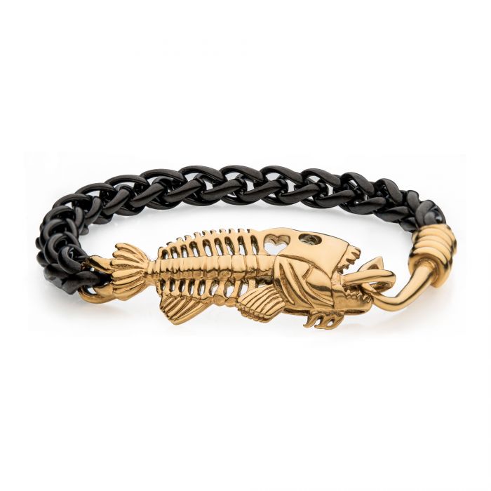 Black Plated Wheat Chain with Gold Plated Fishbone on Hook Clasp Bracelet