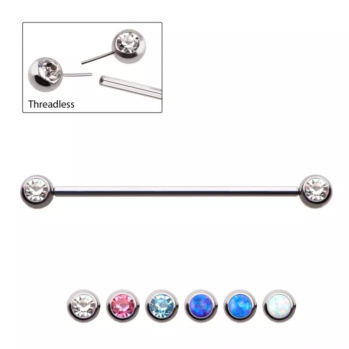 Surgical Steel Threadless with Side Facing CZ/Opal Industrial Barbell