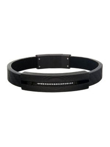 Stainless Steel Black Leather and Carbon Fiber with 1mm Diamond ID Bracelet