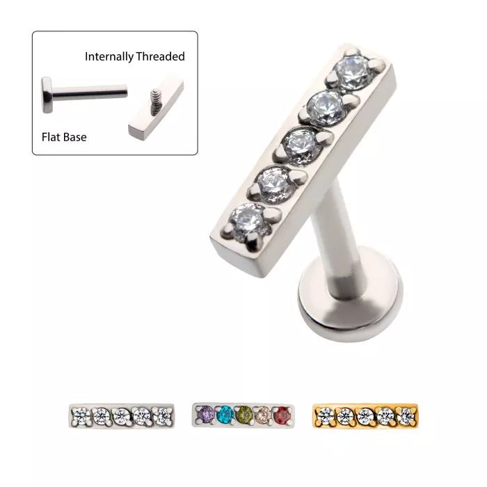 316L Surgical Steel Internally Threaded with Prong Set CZ Bar Top Flat Base Cartilage Barbell
