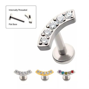 316L Surgical Steel Internally Threaded with Prong Set CZ Curved Bar Top Flat Base Cartilage Barbell