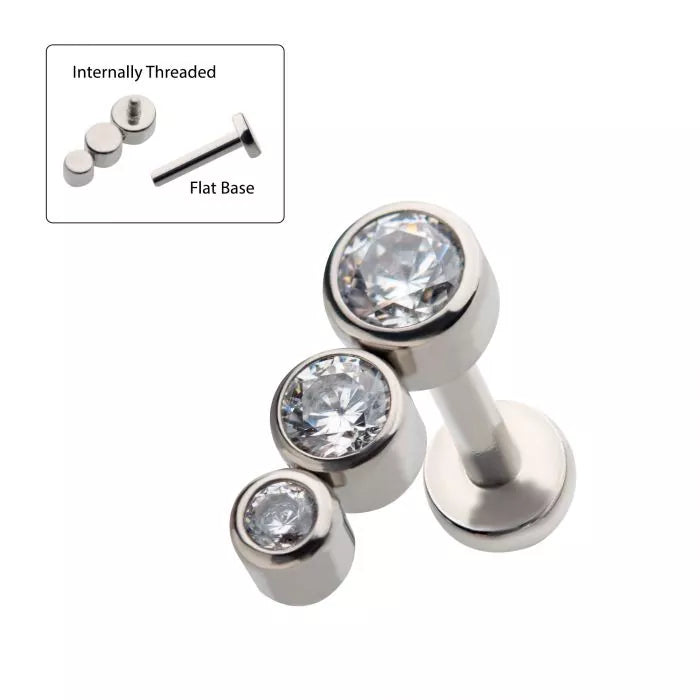 316L Surgical Steel Internally Threaded with Bezel Set CZ 3-Cluster Top Flat Base Cartilage Barbell