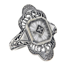 Load image into Gallery viewer, Victorian Style Camphor Glass Sunray Filigree Diamond Ring Sterling Silver