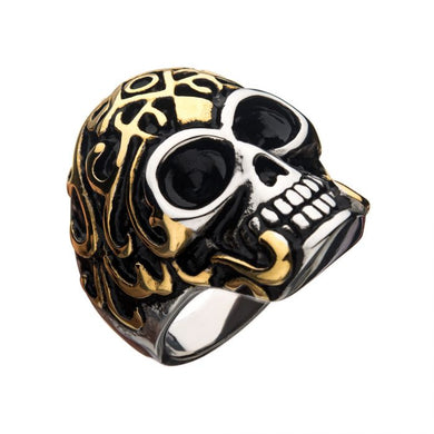 Oxidized Stainless Steel & Gold IP Skull Ring