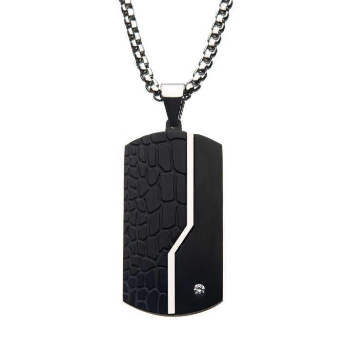 Stainless Steel Thin Line Crocodile Dog Tag Pendant with 2mm Clear CZ & Steel Chain