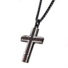 Load image into Gallery viewer, Black plated Stainless Steel Damascus cross with Ebony Wood Inlay