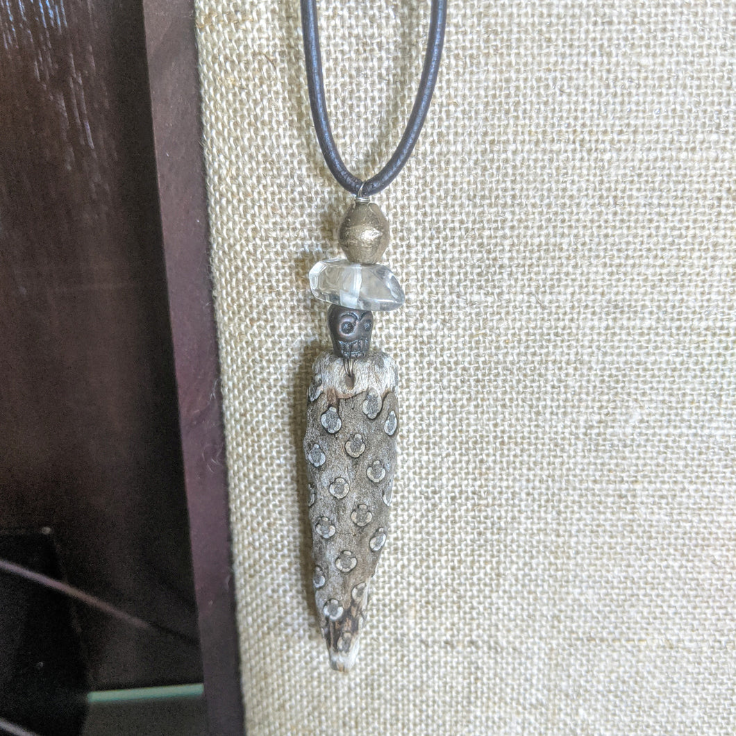 Driftwood Pinecone and  Herkimer Diamond with Skull Necklace
