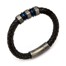 Load image into Gallery viewer, Black Braided Leather with Steel Blue Plated &amp; Gray Beads Bracelet