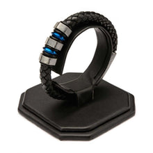 Load image into Gallery viewer, Black Braided Leather with Steel Blue Plated &amp; Gray Beads Bracelet