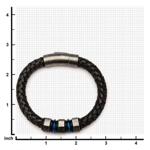 Black Braided Leather with Steel Blue Plated & Gray Beads Bracelet