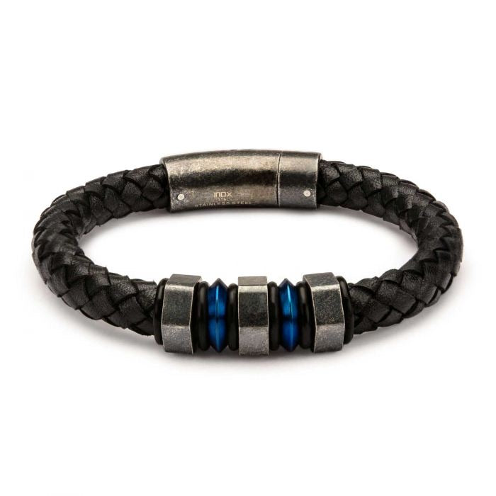 Black Braided Leather with Steel Blue Plated & Gray Beads Bracelet