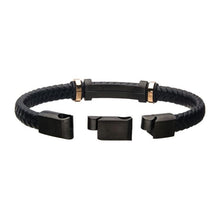 Load image into Gallery viewer, Black Leather with Rose Gold IP Beads &amp; Black IP Engravable ID Bracelet