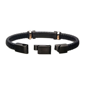 Black Leather with Rose Gold IP Beads & Black IP Engravable ID Bracelet