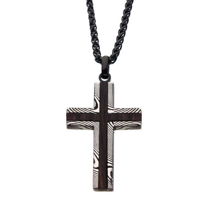 Black plated Stainless Steel Damascus cross with Ebony Wood Inlay