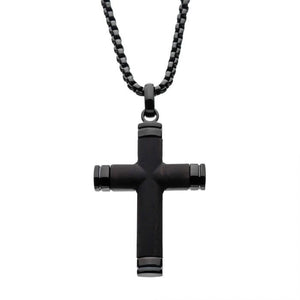 Black Plated Genuine Ebony Wood Inlayed Cross Pendant with Black Bold Box Chain