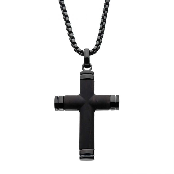 Black Plated Genuine Ebony Wood Inlayed Cross Pendant with Black