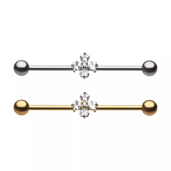 Surgical Steel with 4-Prong Set Clear CZ Hearts Industrial Barbell