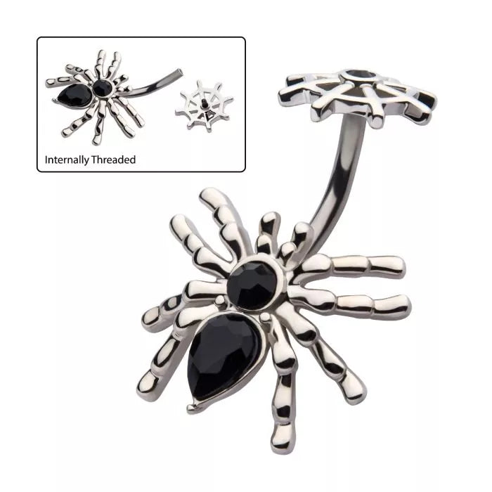 Internally Threaded Black Crystal Spider & Web Fixed Charm for Navel