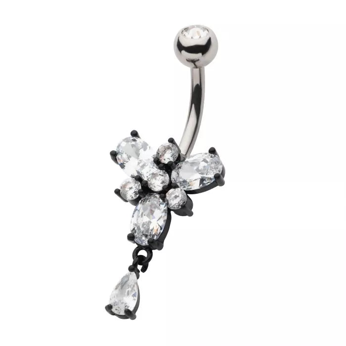 Steel Bar with Black PVD Multi Clear CZ Dangle for Navel