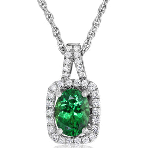 Tsavorite Garnet and Diamond Halo Necklace in 14k White Gold