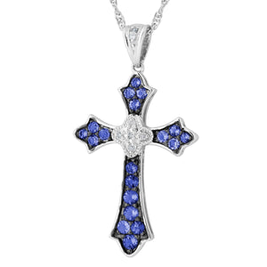 Sterling Silver Cross Pendant Necklace with Created Blue Sapphire