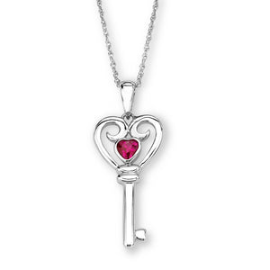 Sterling Silver Key Necklace with Synthetic Ruby